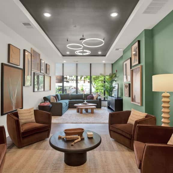 Stylish modern lounge with designer lighting and cozy seating